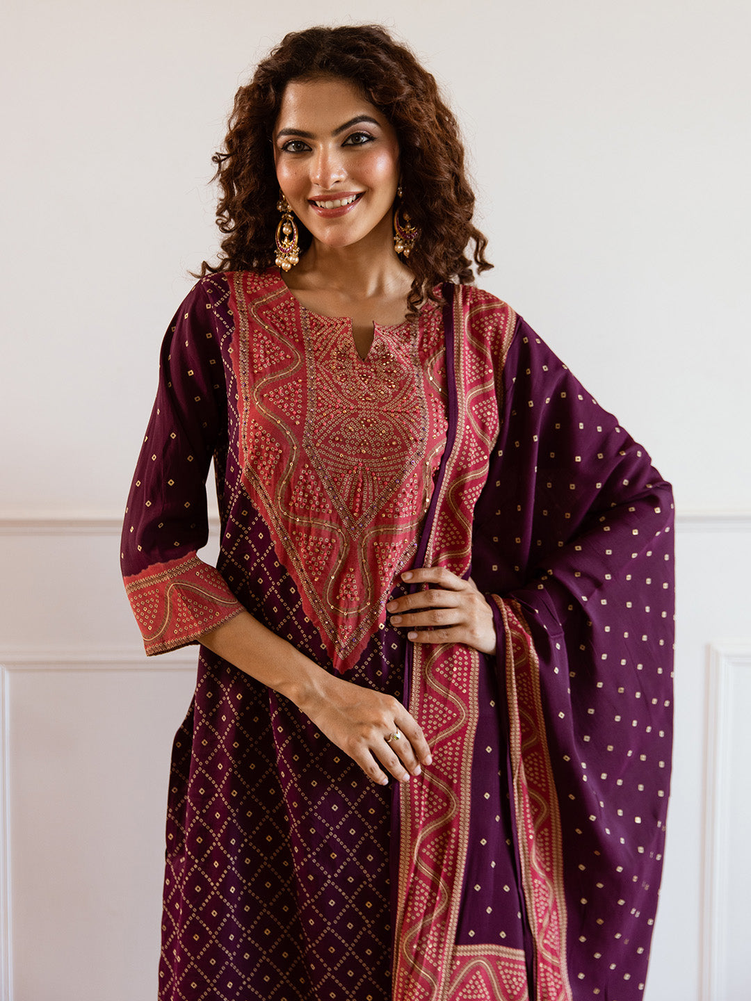 soft Red Viscose Rayon Yoke Embellished Straight Fit kuta set with printed dupatta
