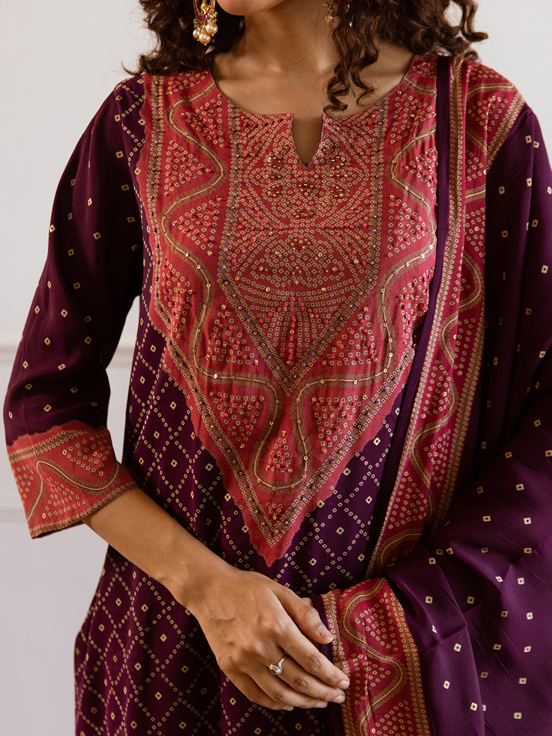 soft Red Viscose Rayon Yoke Embellished Straight Fit kuta set with printed dupatta
