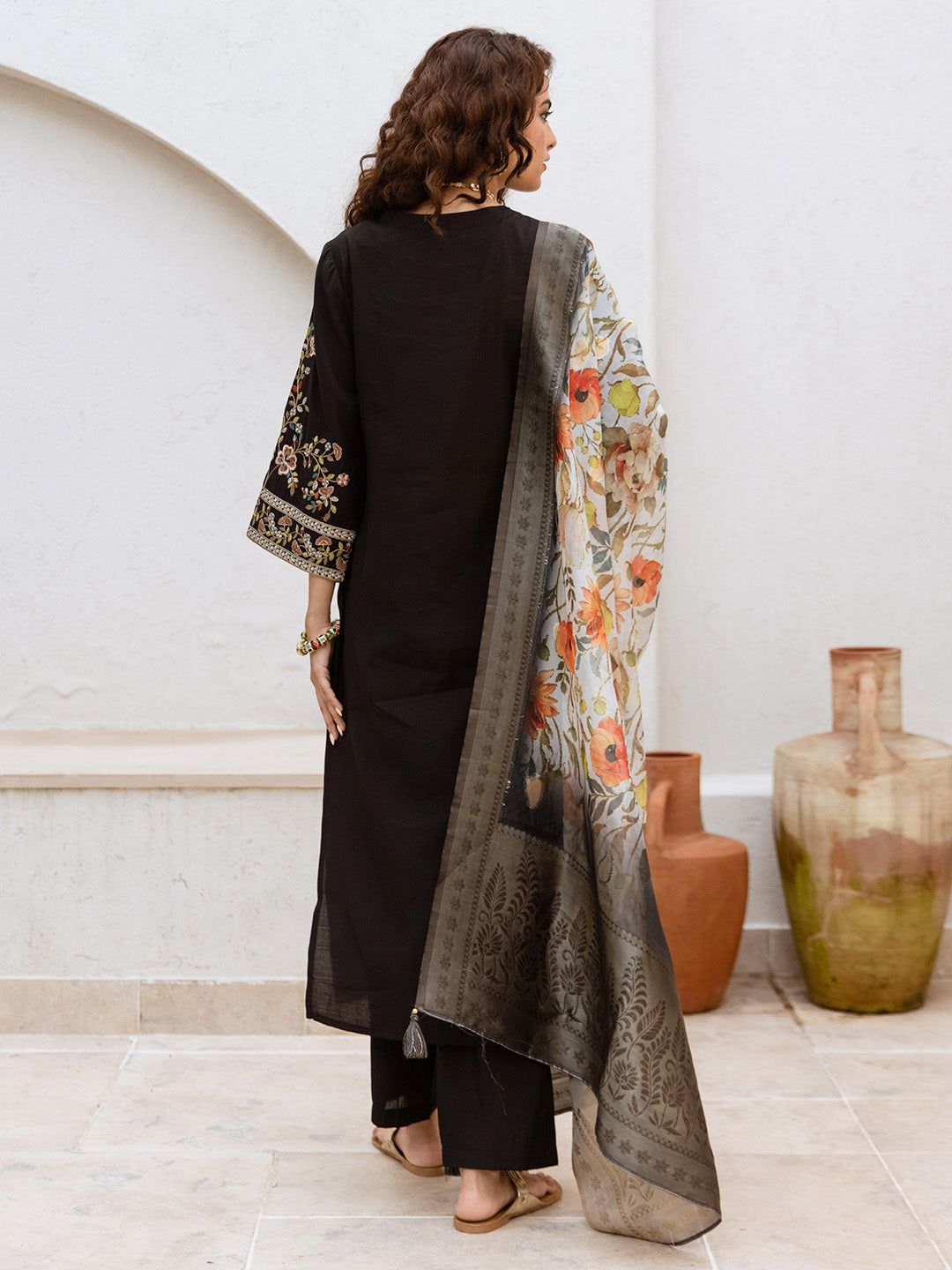 Graceful Black Viscose Rayon Floral Embroidery Straight Fit  Kurta set with printed dupatta