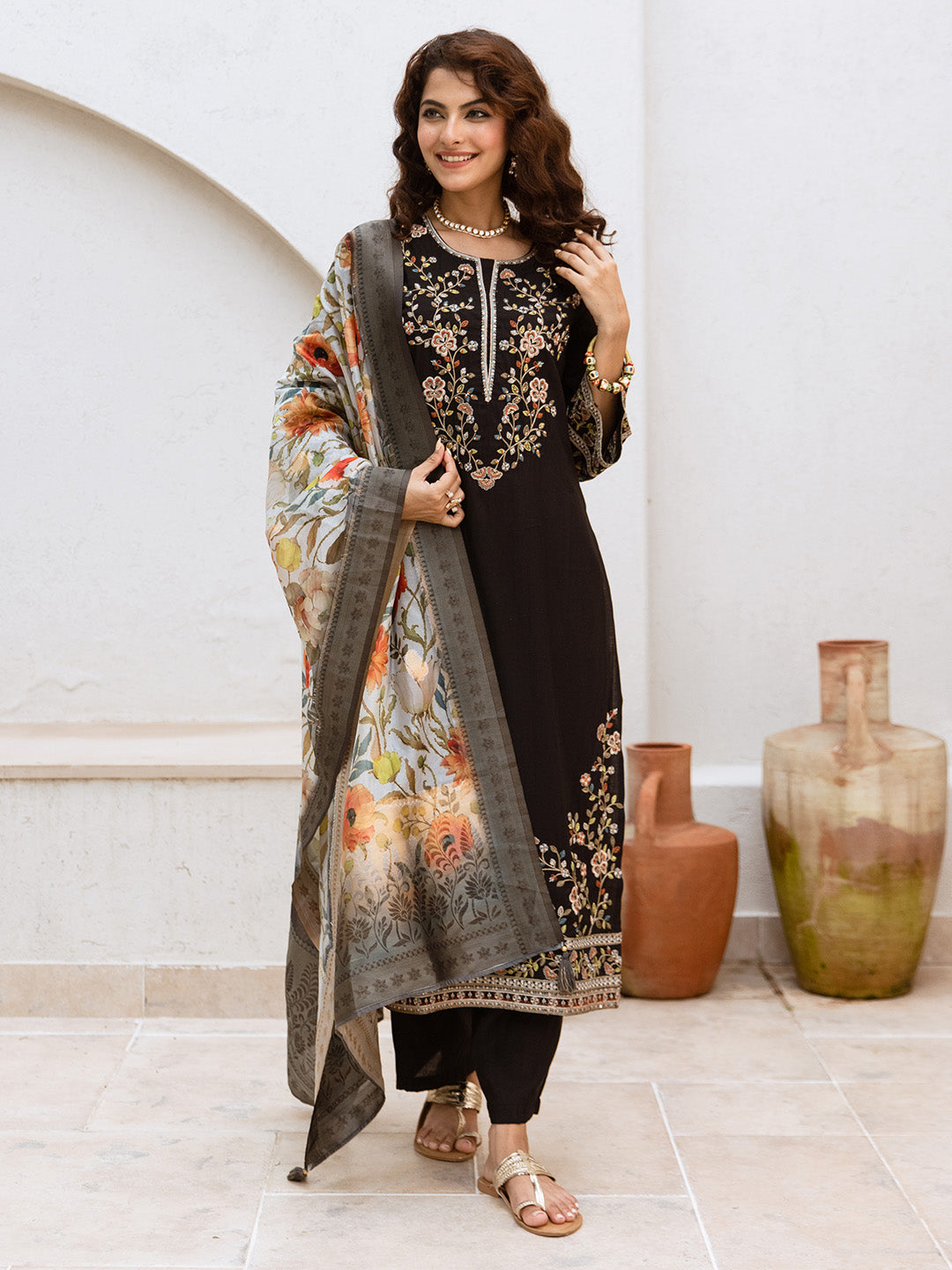 Graceful Black Viscose Rayon Floral Embroidery Straight Fit  Kurta set with printed dupatta
