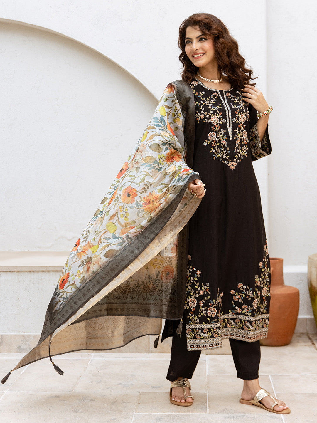 Graceful Black Viscose Rayon Floral Embroidery Straight Fit  Kurta set with printed dupatta