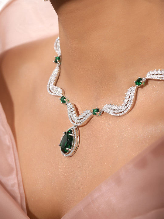 Ishin Green  Colour Silver Plated American Diamond Jewellery Set