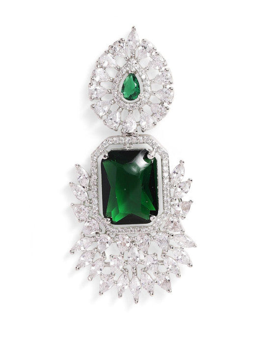 Ishin Green Colour Silver Plated American Diamond Drop Earring