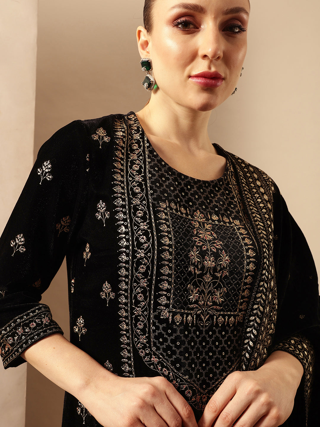 Rich Black Velvet Gold Print Straight Kurta sets with dupatta
