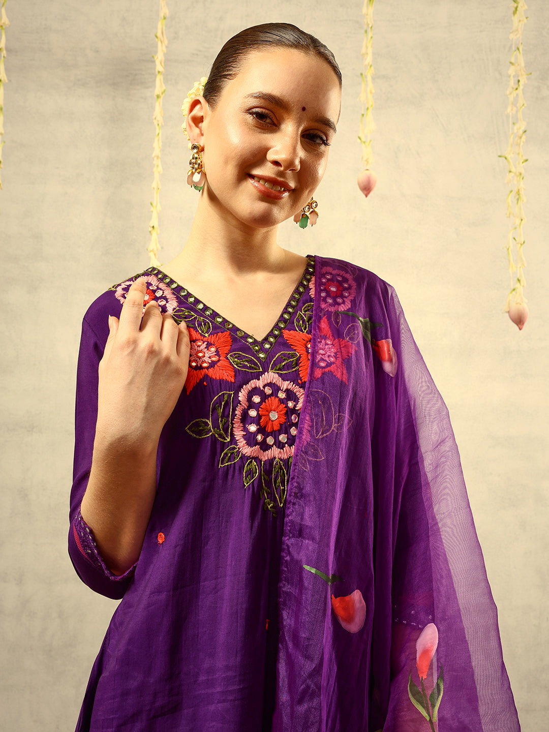 Ishin Purple Mirror & Thread Embroidered  Festive Kurta with Trouser & Hand Painted Dupatta