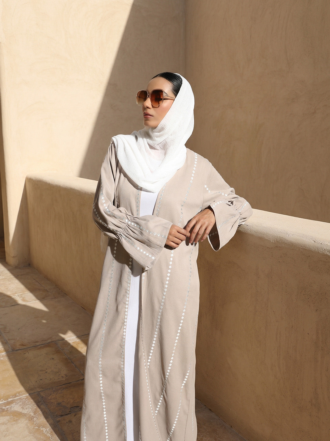 Rich Beige Relaxed Abaya with Hijab in Crinckle Cotton