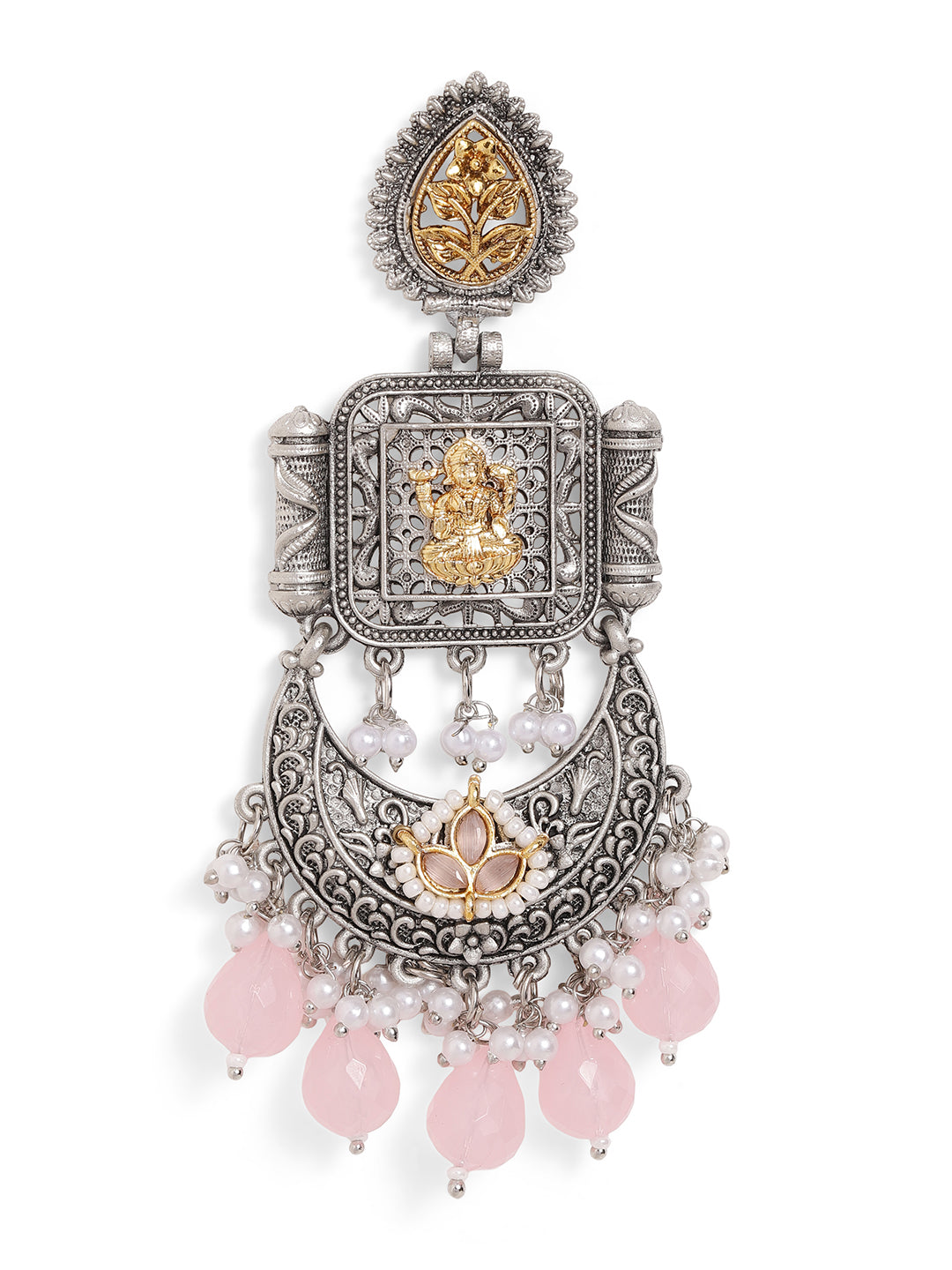Pink Colour Silver Plated Pearl Chandbali Earring