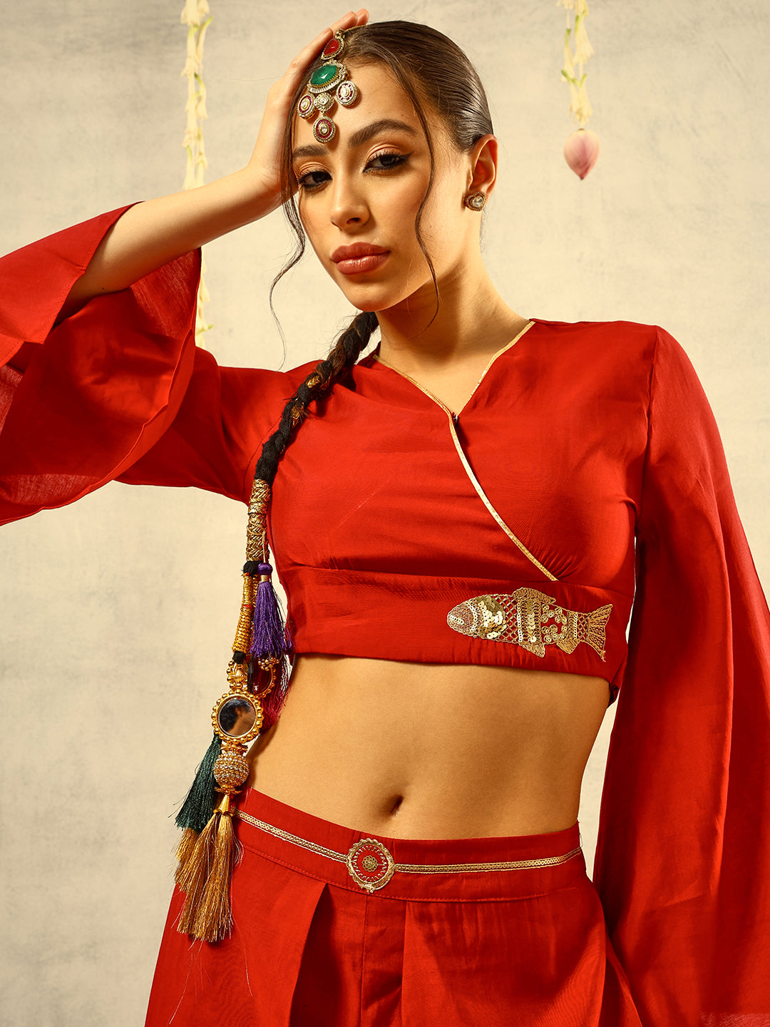 Maroon Zari Embroidered  Festive Tie Up CropTop with Layered Palazzo