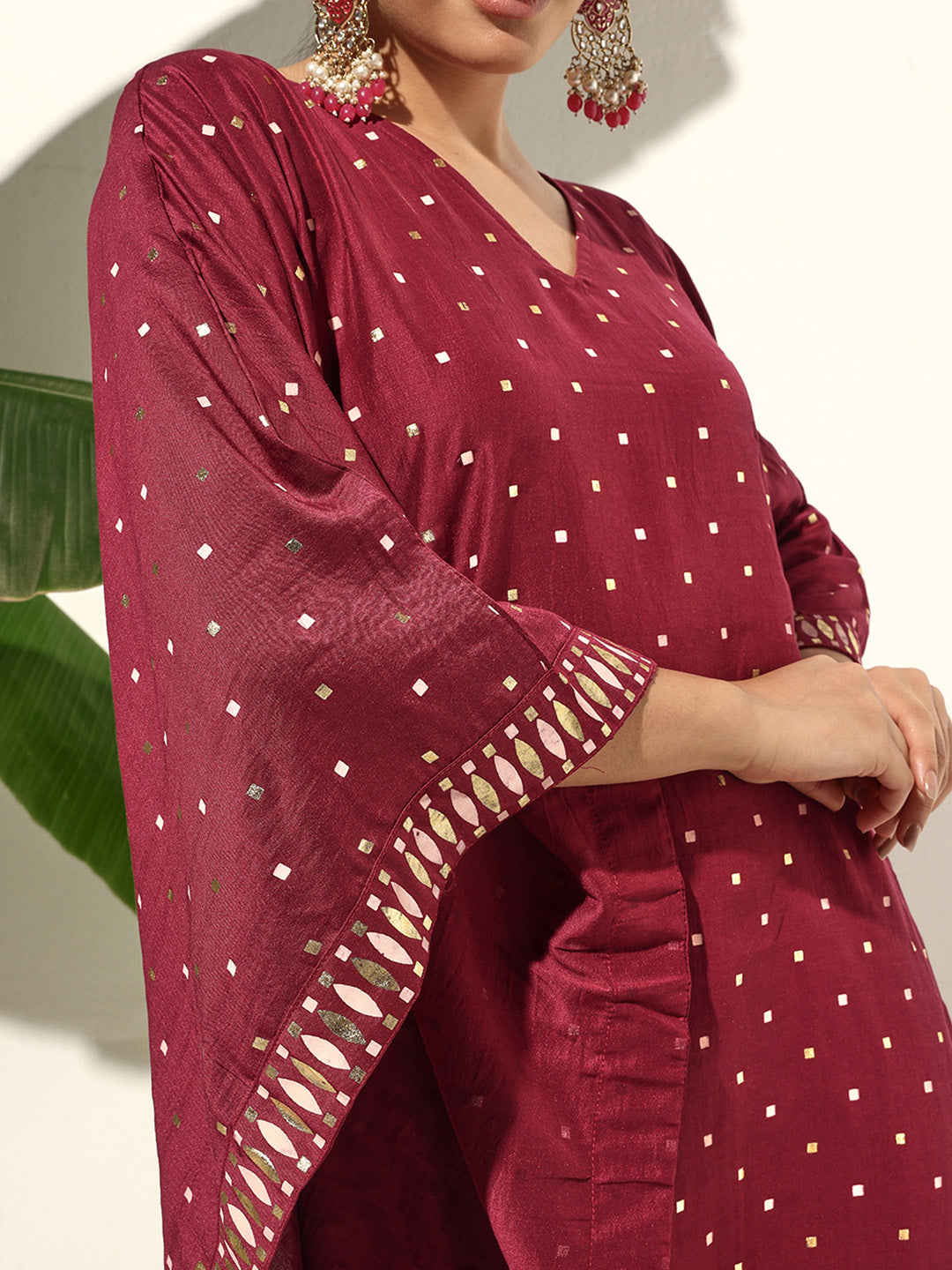 Comfy Maroon Polka Foil Printed Kaftan Set