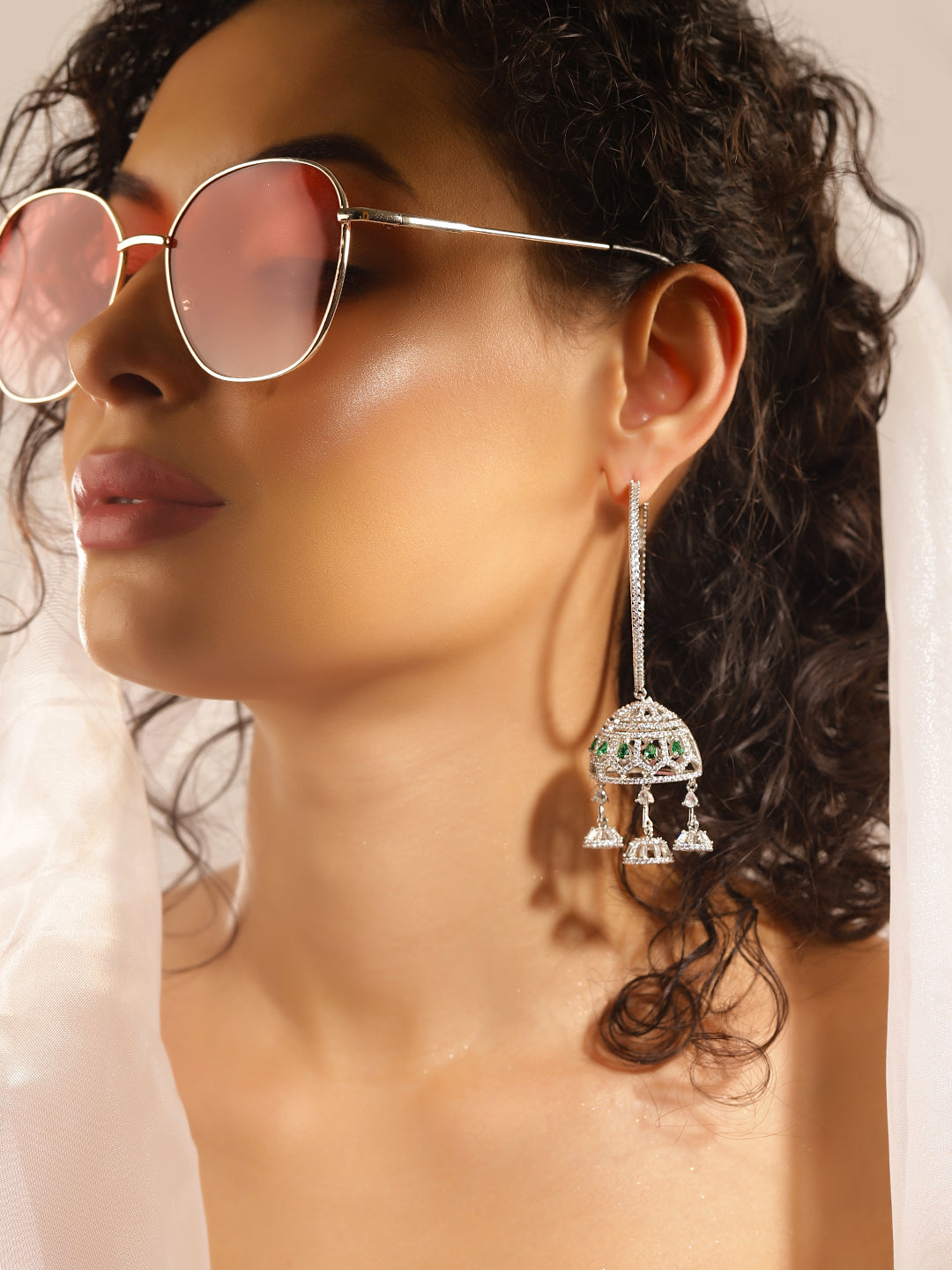 Green Colour Silver Plated AD Drop Earring