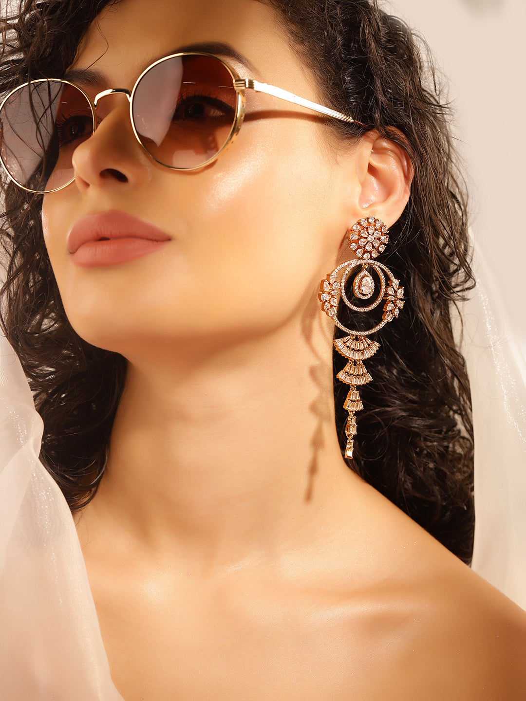 White Colour Gold Plated AD Drop Earring