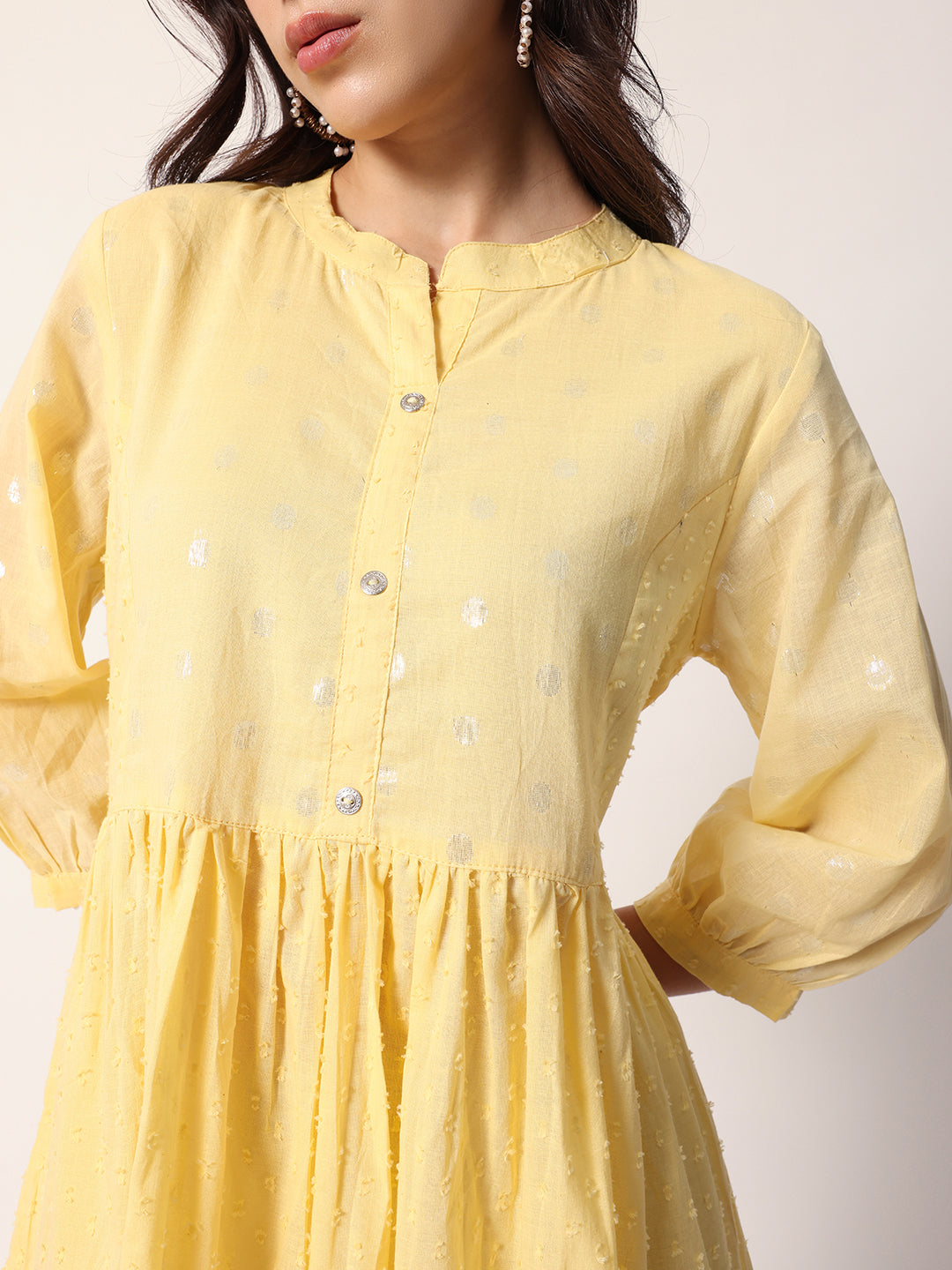 Comfy Yellow Cotton Dobby foilprint Tiered dress