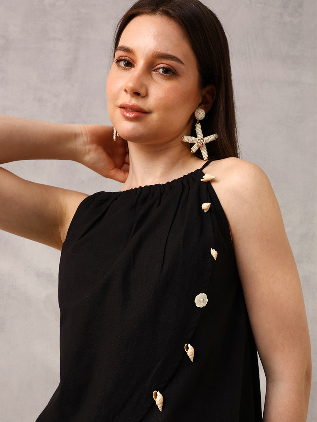 Ishin Black Layered Top with Shells Embellishment