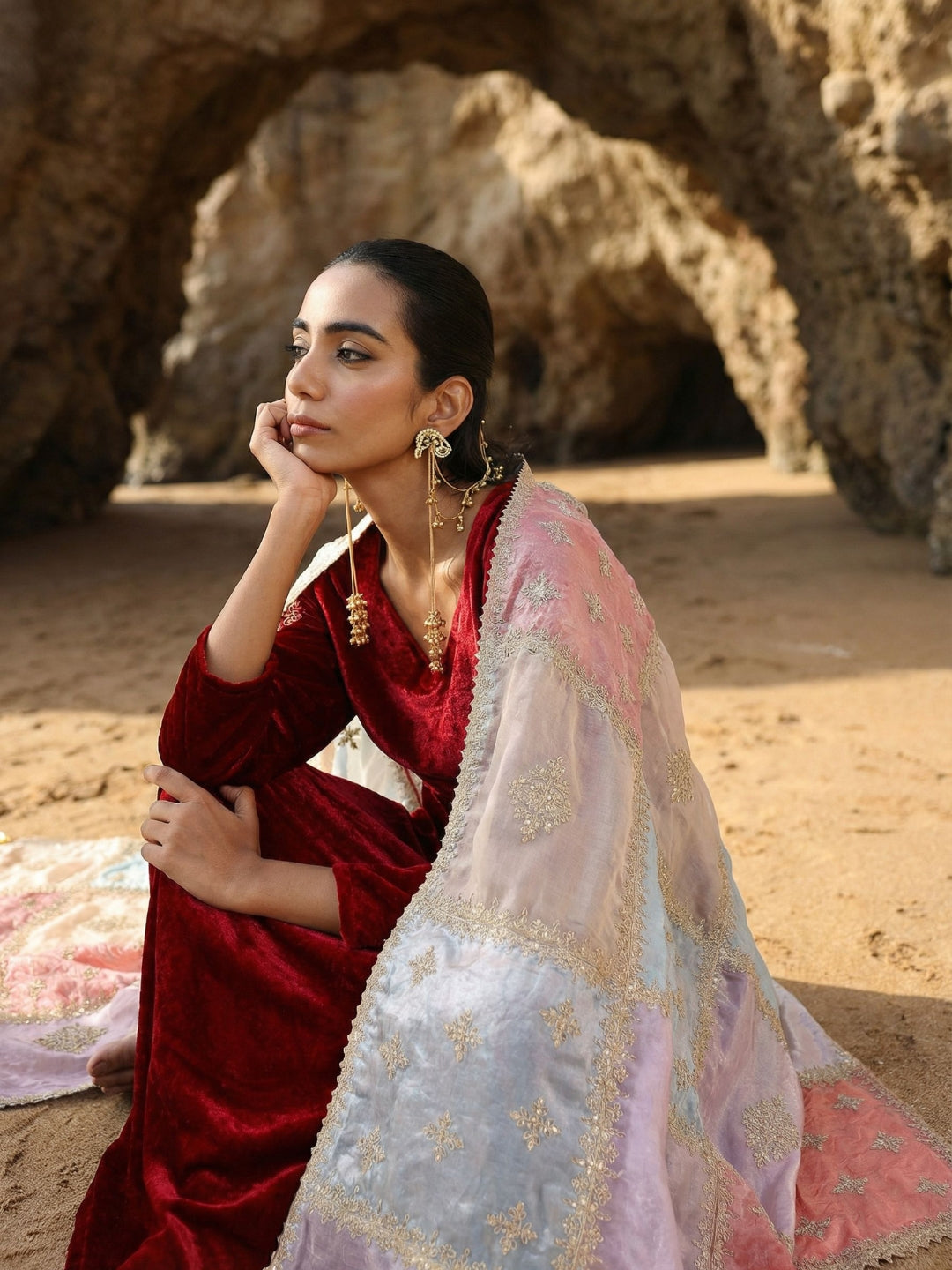 Rich Maroon Organza Patchwork Embroidered Anarkali Kurta Set