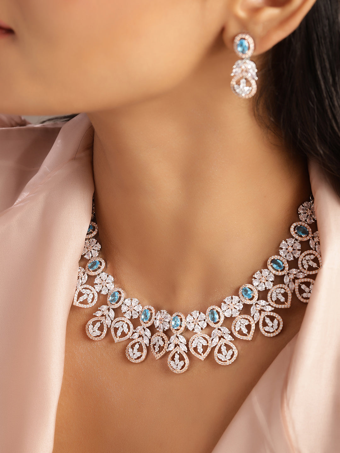 Aqua Colour Silver Plated American Diamond Jewellery Set