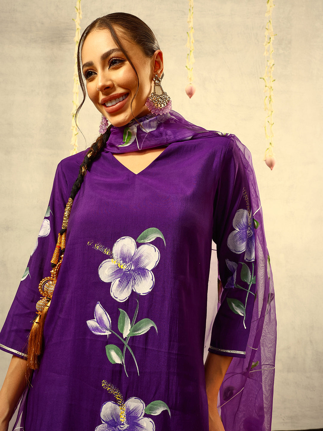 Purple Floral Hand Painted Kurta with Trouser and Dupatta