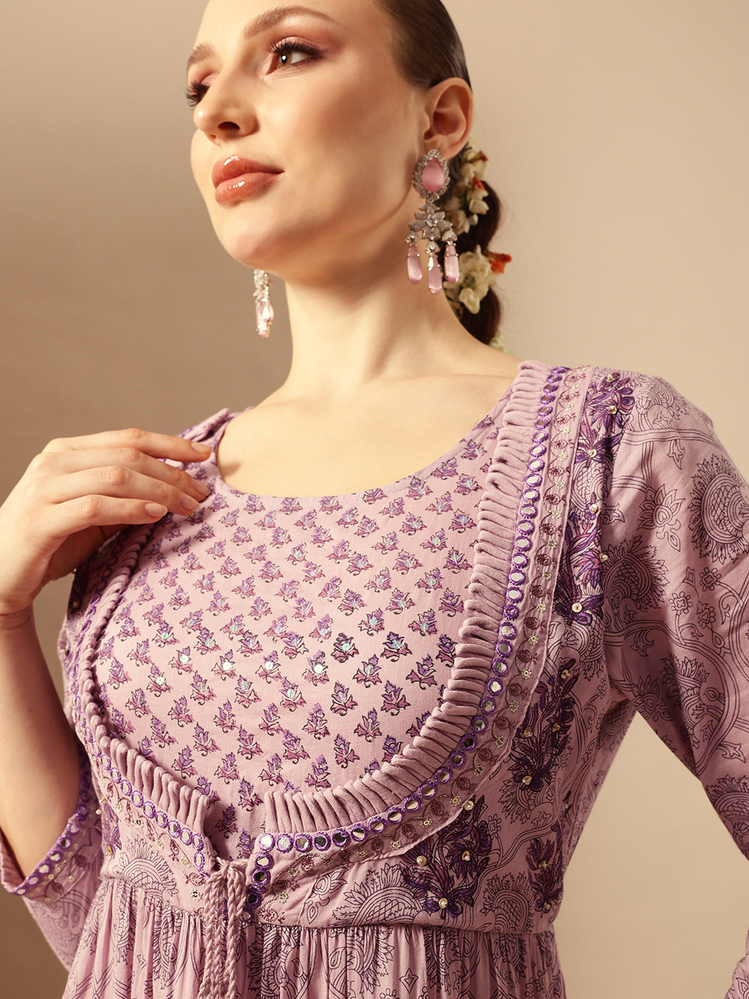 Comfy Flared Embellished Lavender Dress