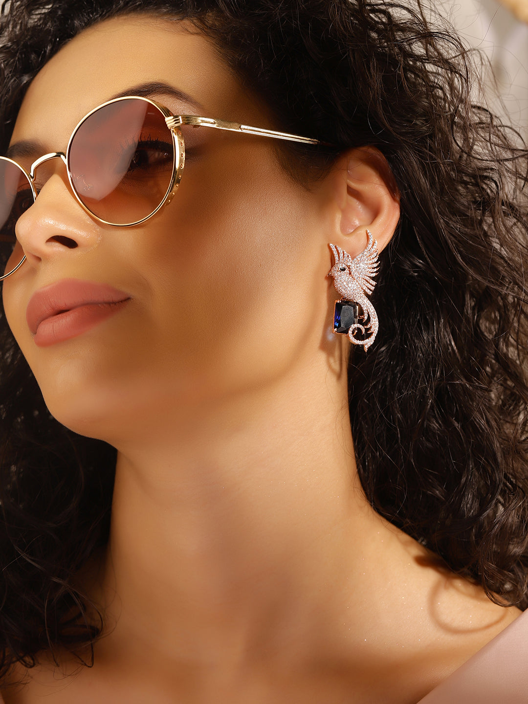 Bue Colour Rose Gold Plated AD Drop Earring