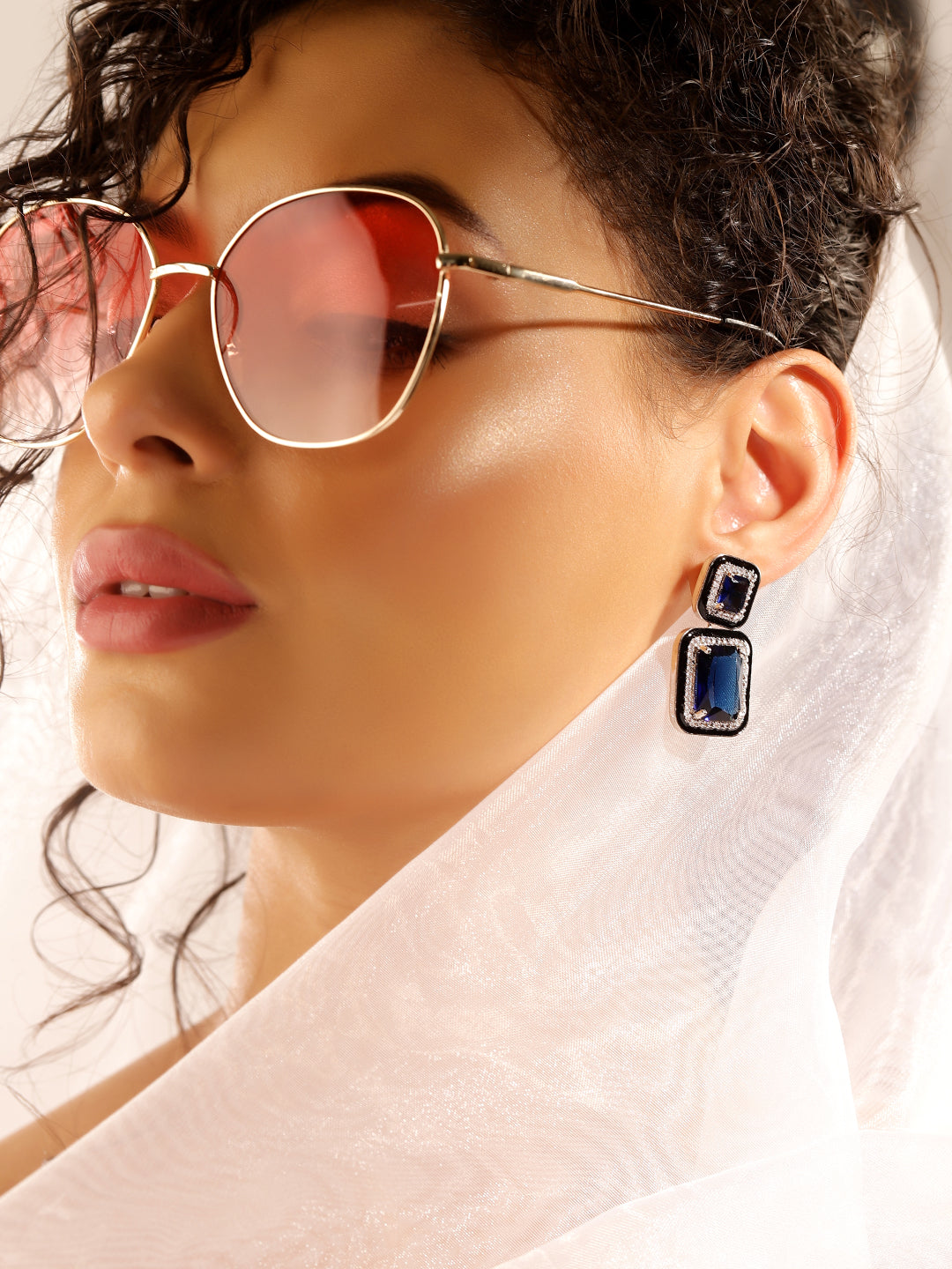 Blue Colour Silver Plated AD Drop Earring