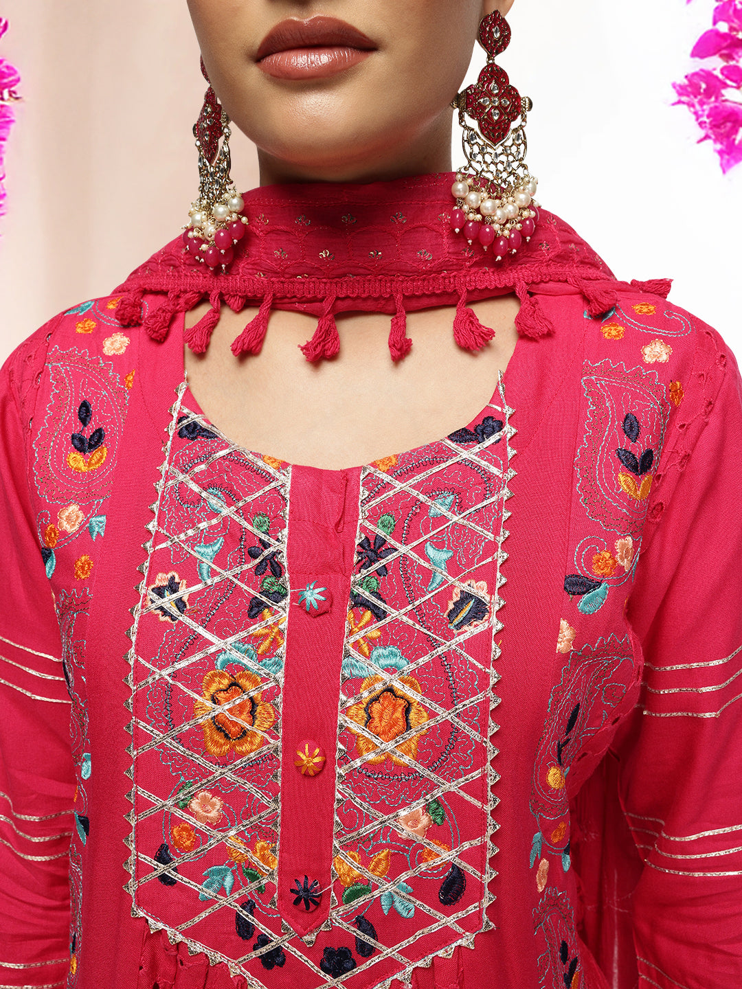 Graceful Pink  Rayon Schiffli Embroidered A-line Kurta Set with dupatta