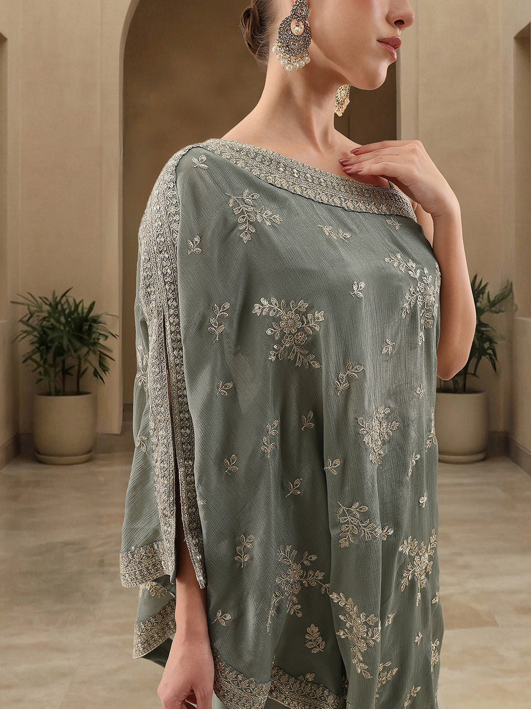 Rich Chinon Embroidered Brown Embroidered A Line Co-Ords ShararaBottom