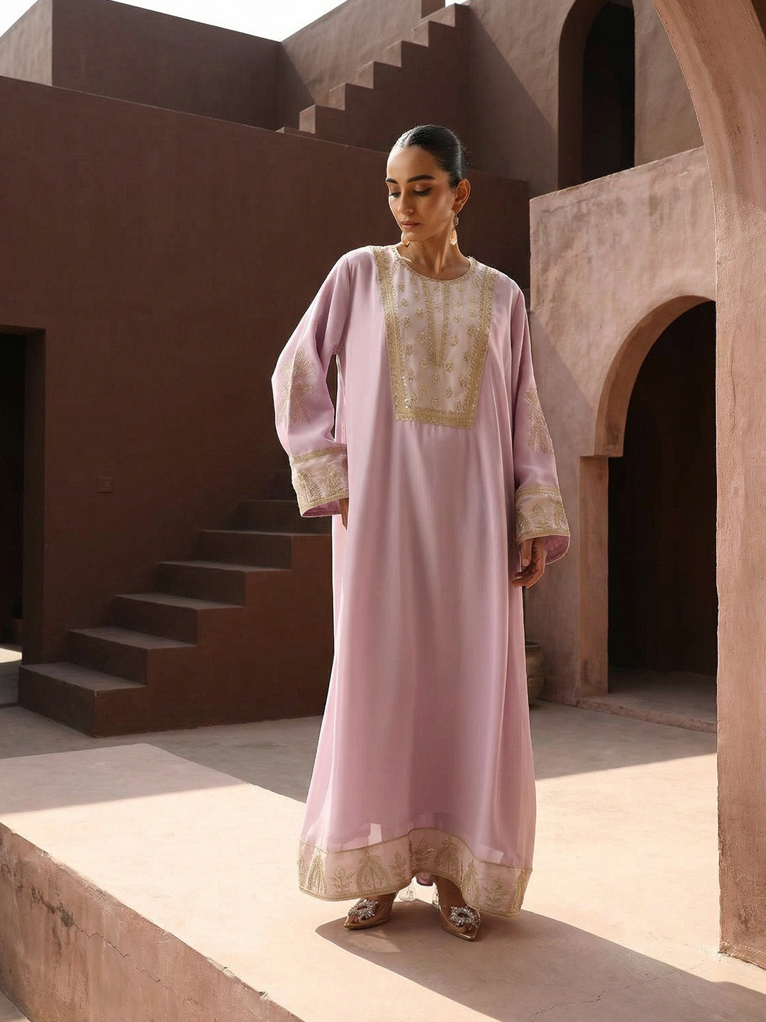Rich Embroidered Woven Lilac Abaya