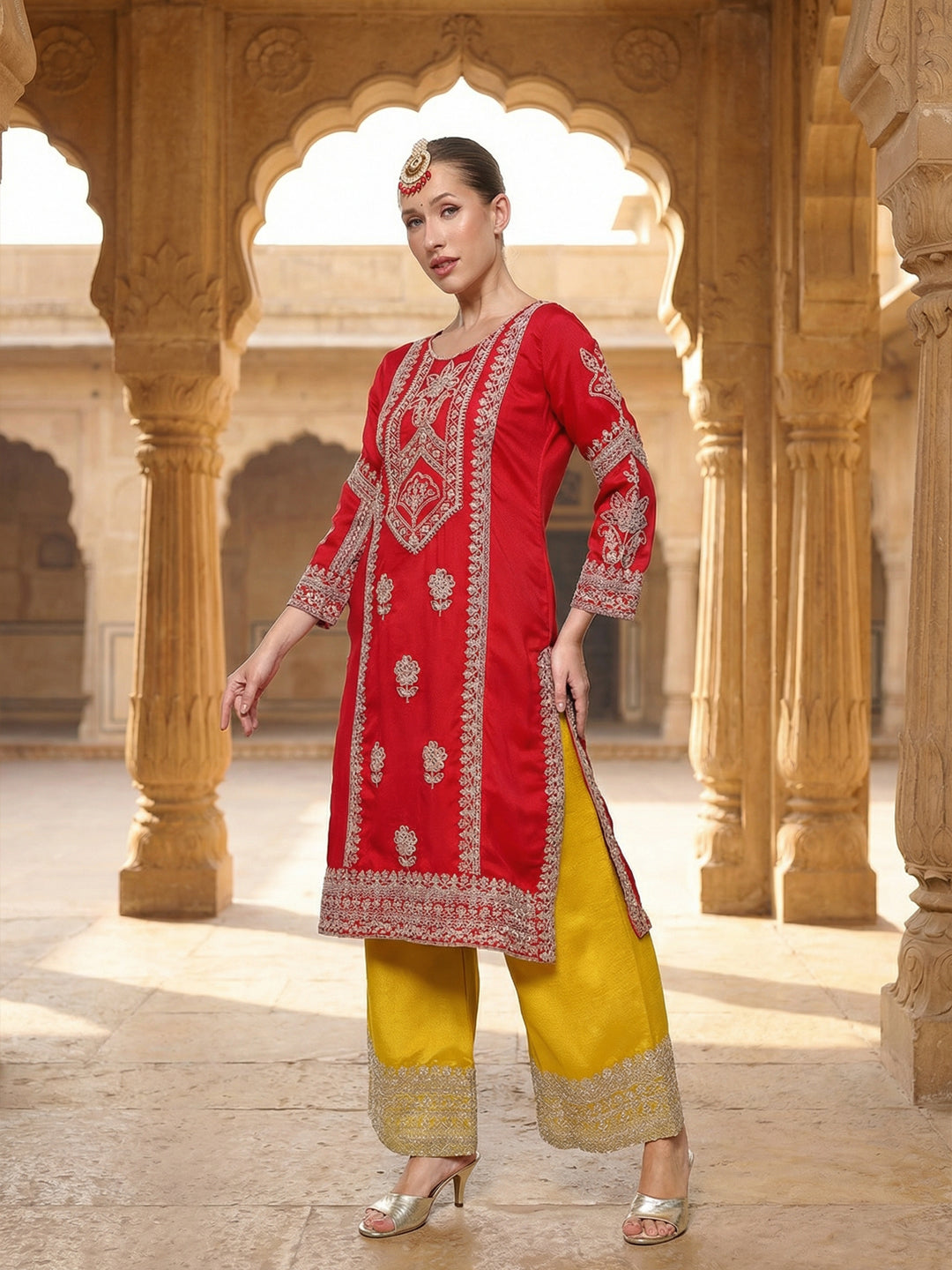 Rich Red Embroidered Straight Kurta sets