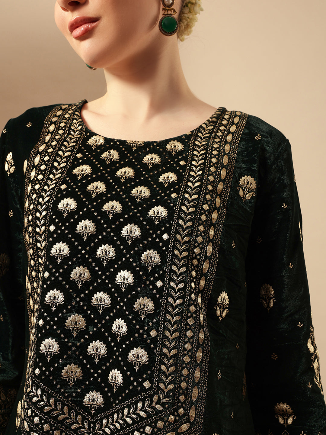 Rich Dark Green Velvet Gold Print Straight Kurta sets with dupatta