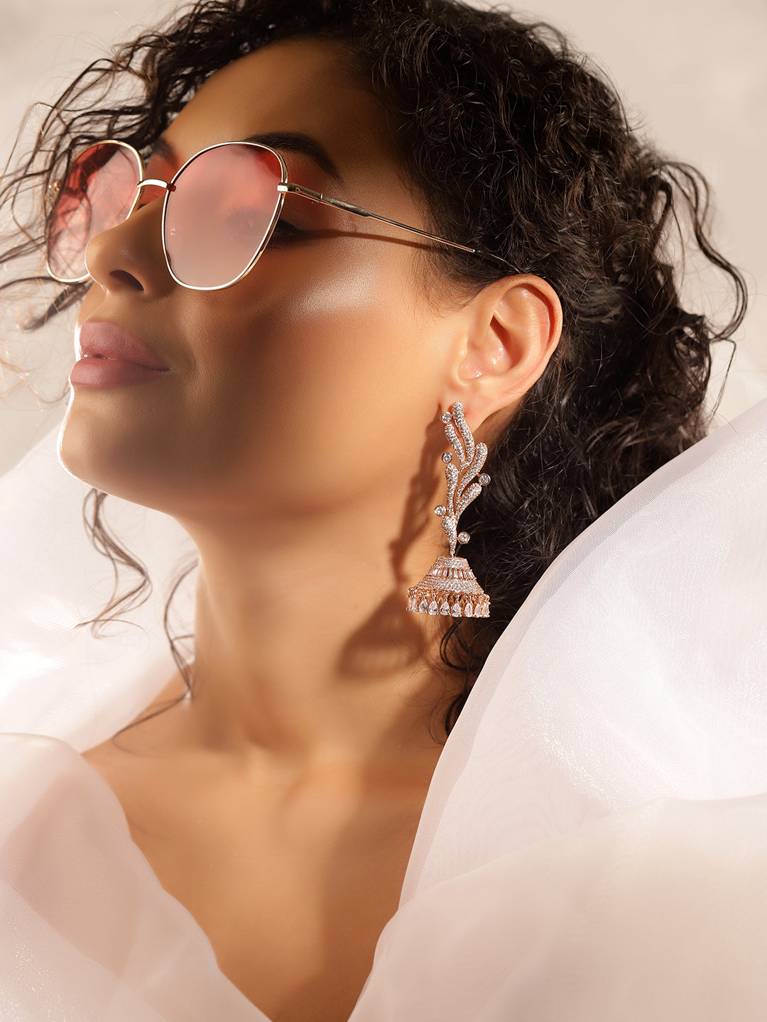 White Colour Rose Gold Plated AD Jhumka Earring