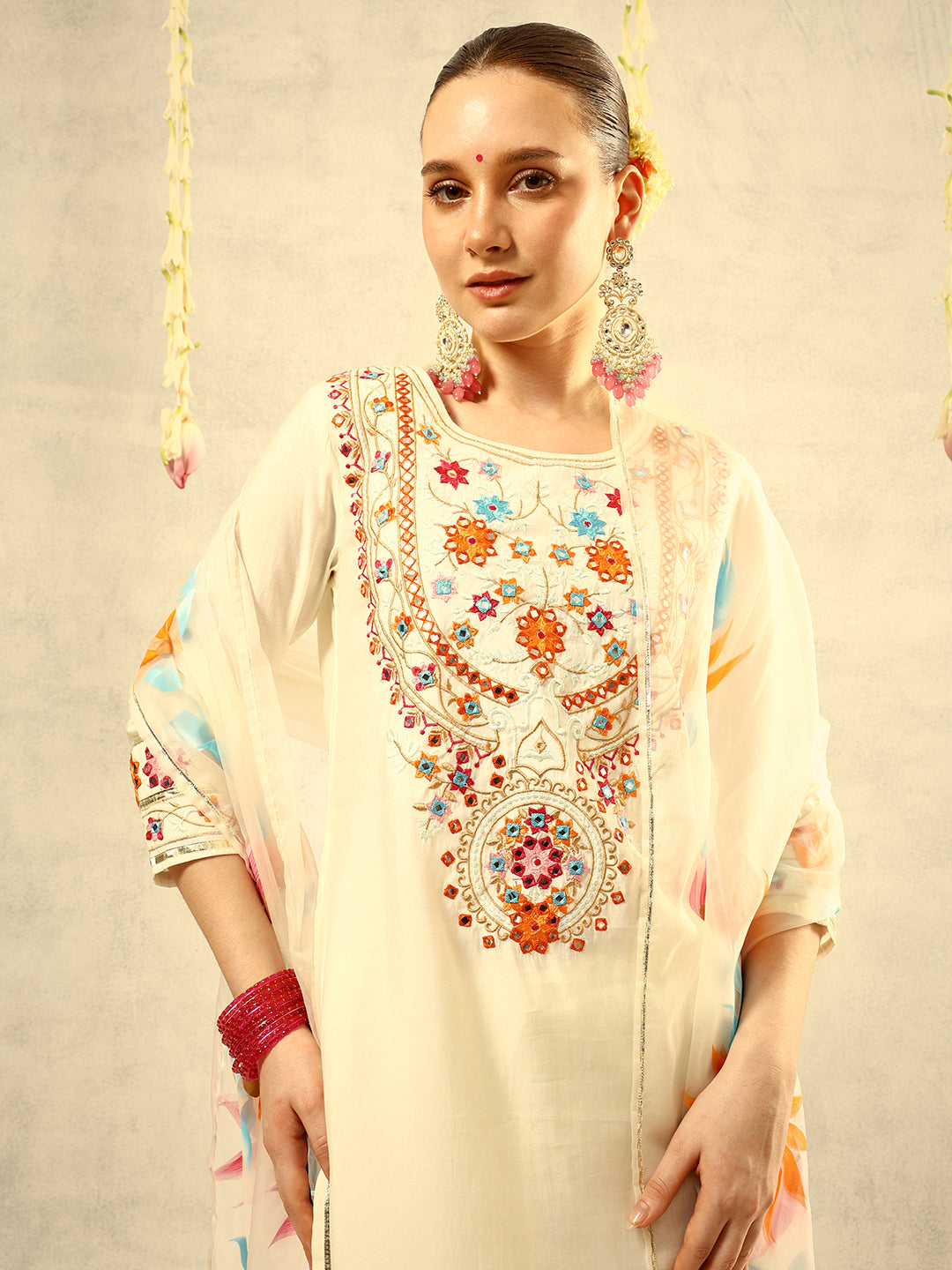 Off White Mirror & Thread Embroidered  Festive Kurta with Trouser & hand painted Dupatta