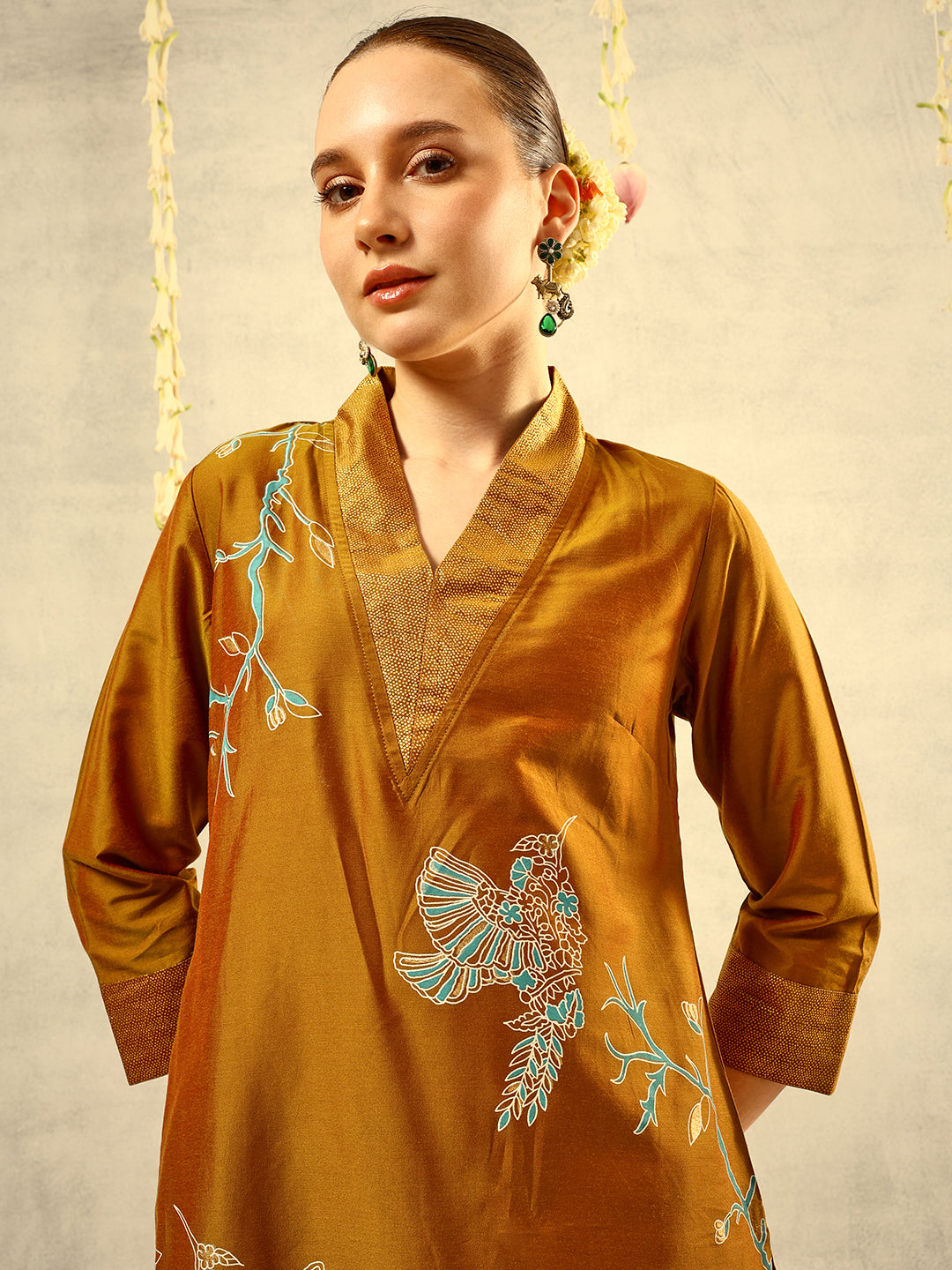 Ishin Olive Gold Foil Print Kurta with Shawl Collar & Trouser