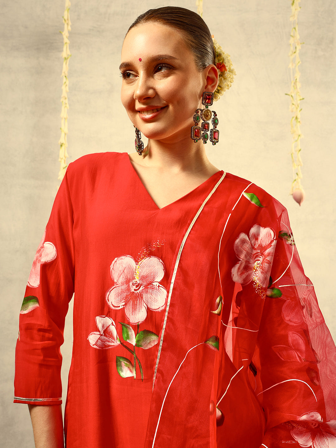 Red Floral Hand Painted Kurta with Trouser and Dupatta