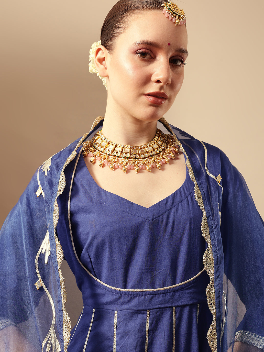 Comfy Royal Blue Organza Embroidered Anarkali Kurta Sets