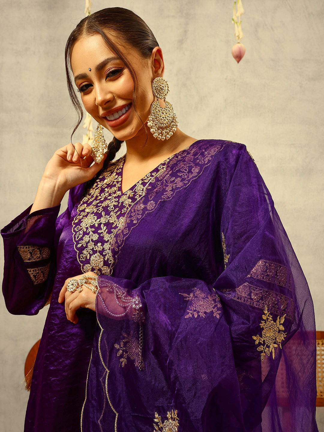 Purple Cording & Zari Embroidered Festive Kurta with Trouser & Embellished Organza Dupatta