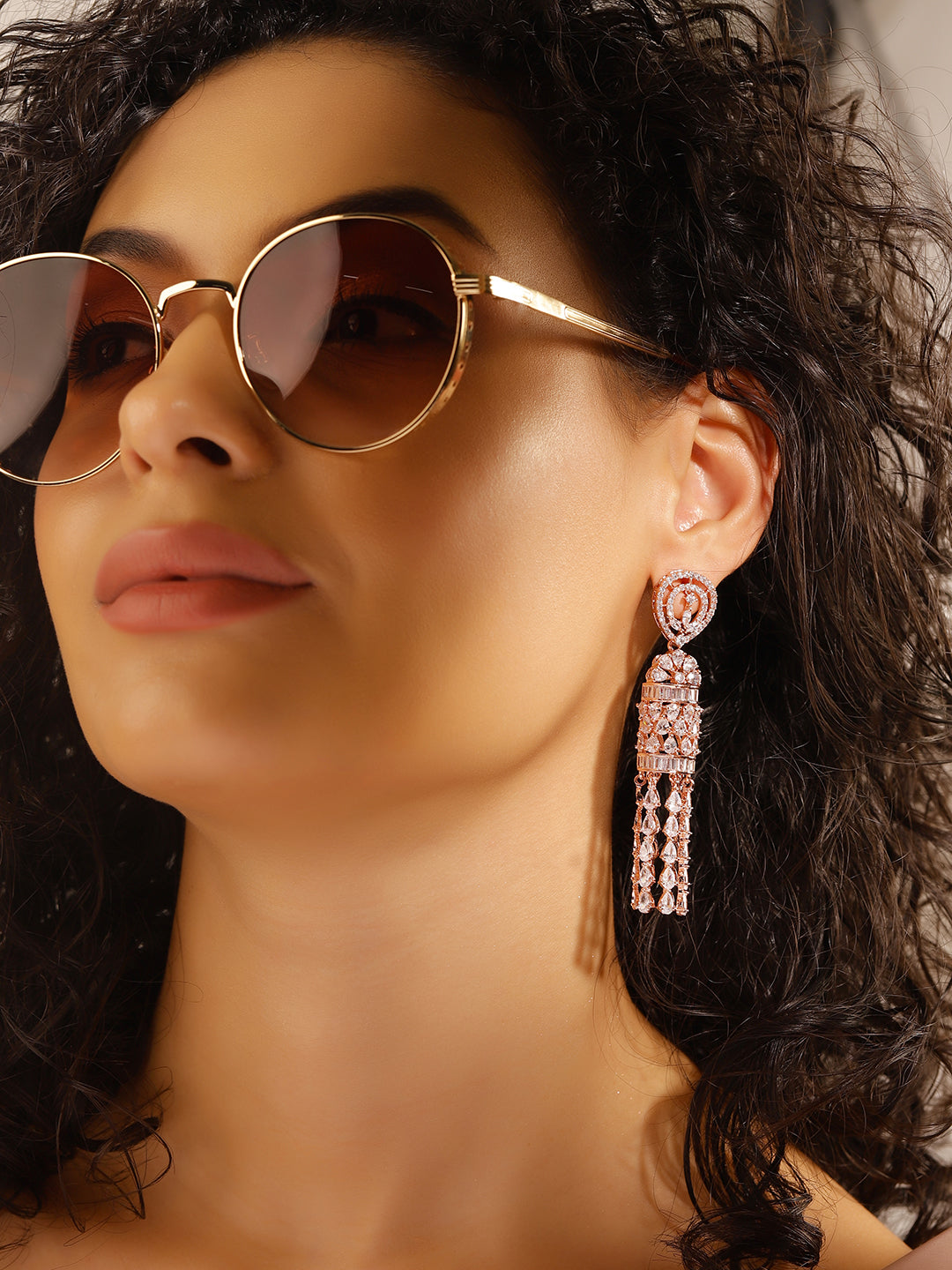 White Colour Rose Gold Plated AD Drop Earring
