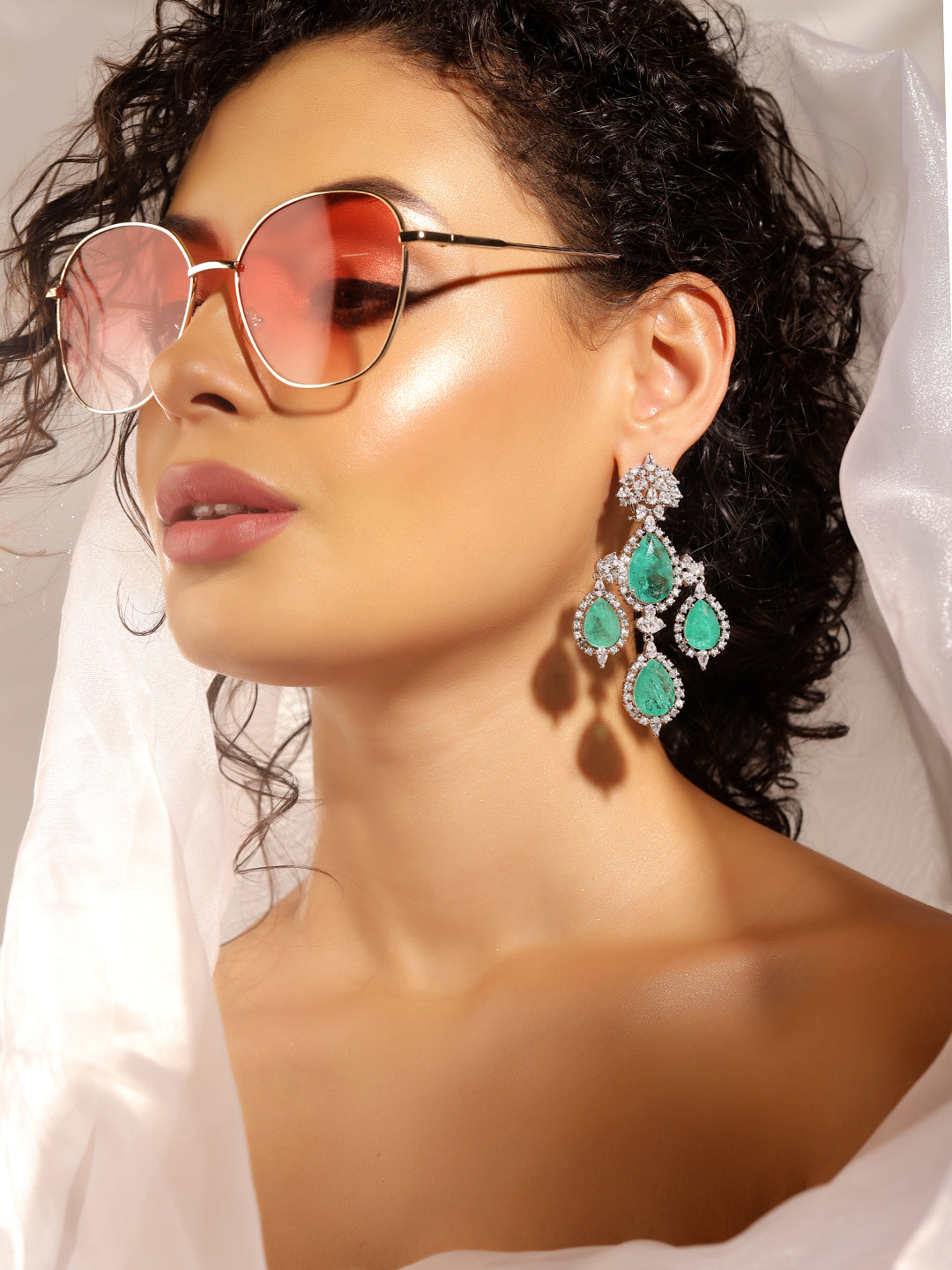 Green Colour Silver Plated AD Drop Earring