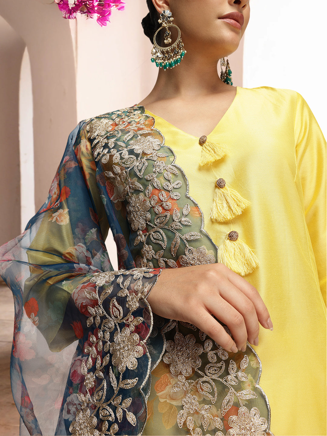 Graceful  Yellow  Poly Silk Zari Embroidered A-line Kurta Set with statement dupatta