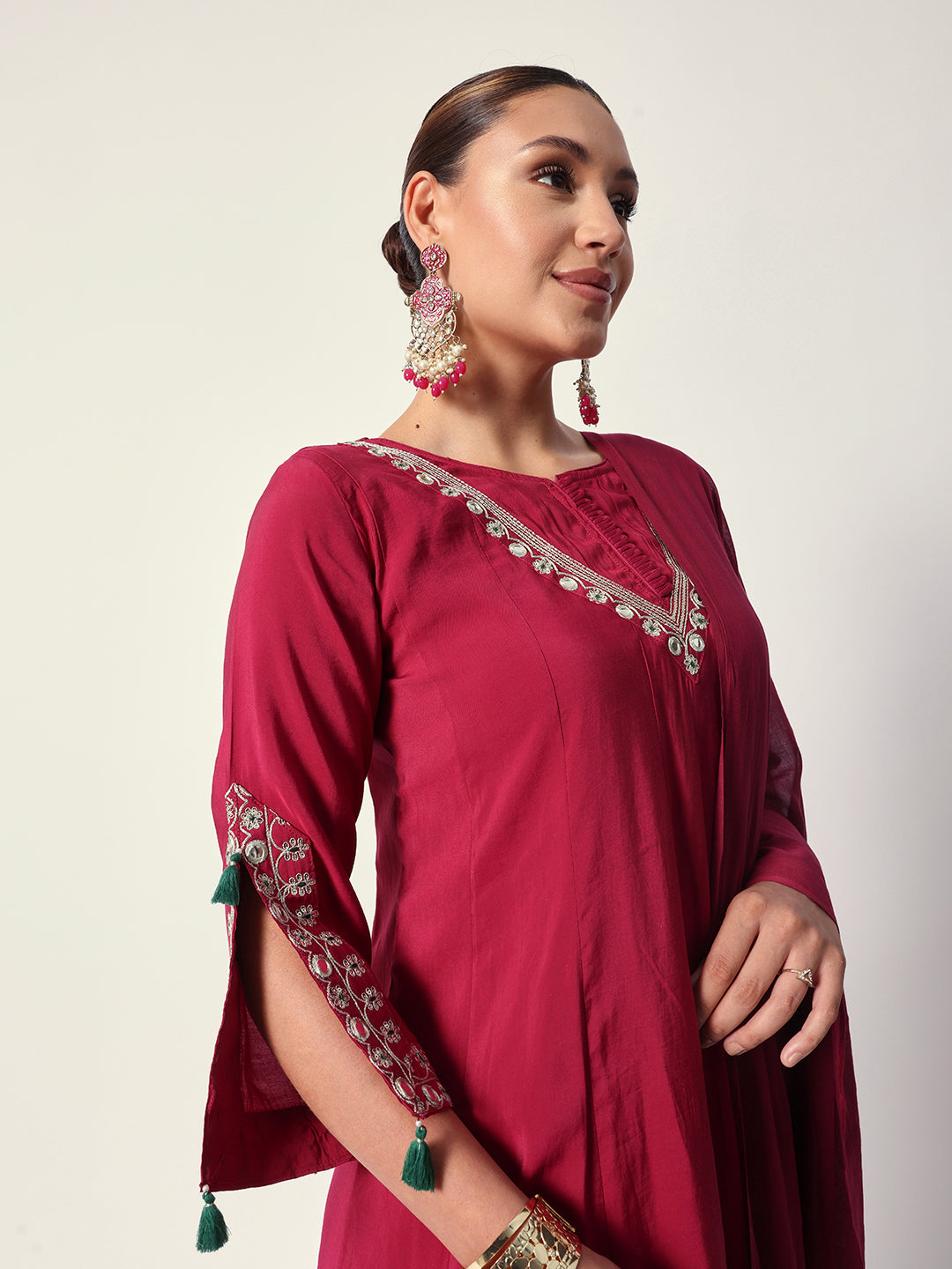 Graceful Pink poly silk zari embroidery anarkali fit kurta set with dupatta