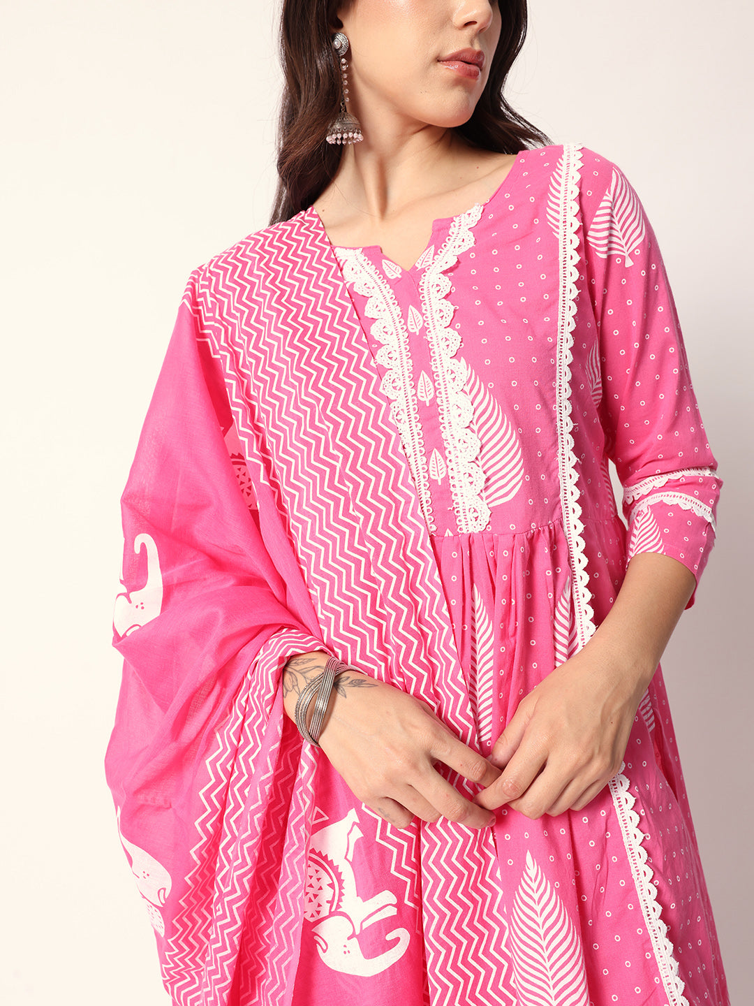 Comfy Pink cotton motif printed Aline fit kurta set with dupatta and tote bag