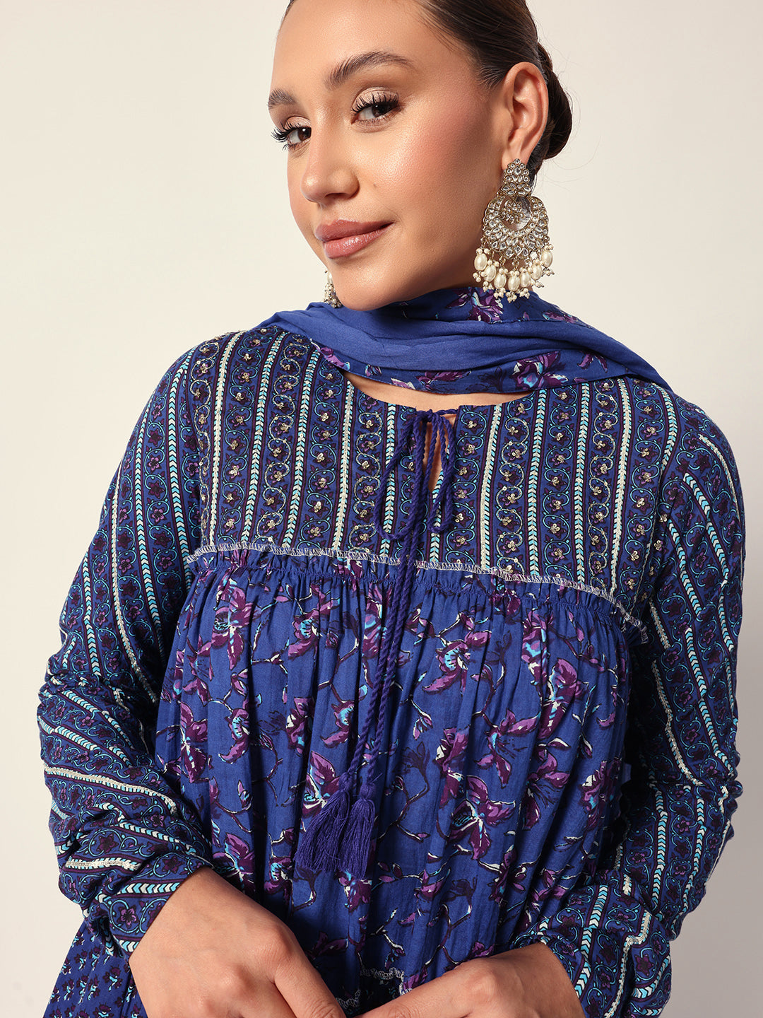 Graceful Blue Cotton floral printed tiered fit kurta set with dupatta