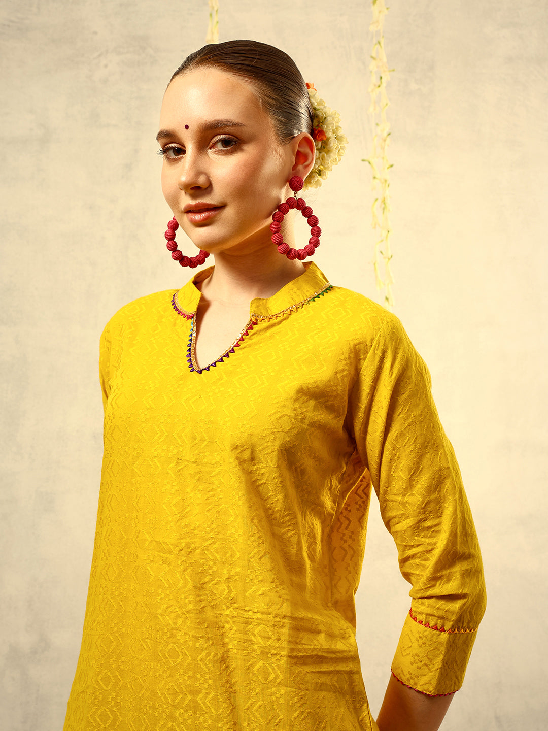 Yellow Bohemian Thread Embroidered Kurta with Dhoti Pants