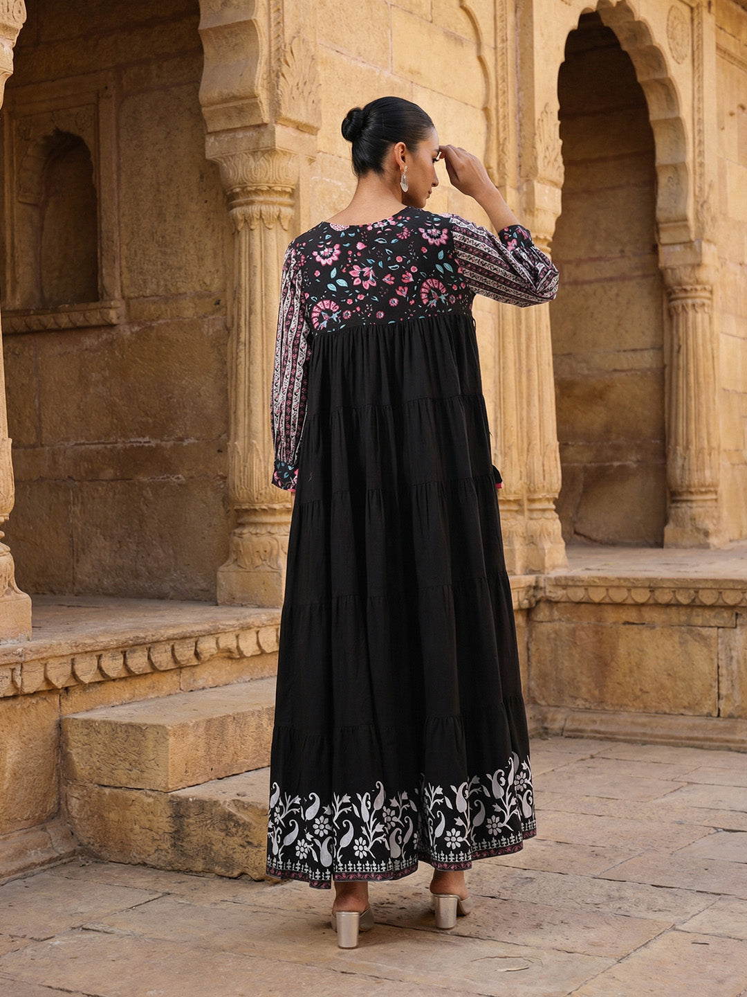 Graceful Black Cotton Floral Printed Tiered fit Gown