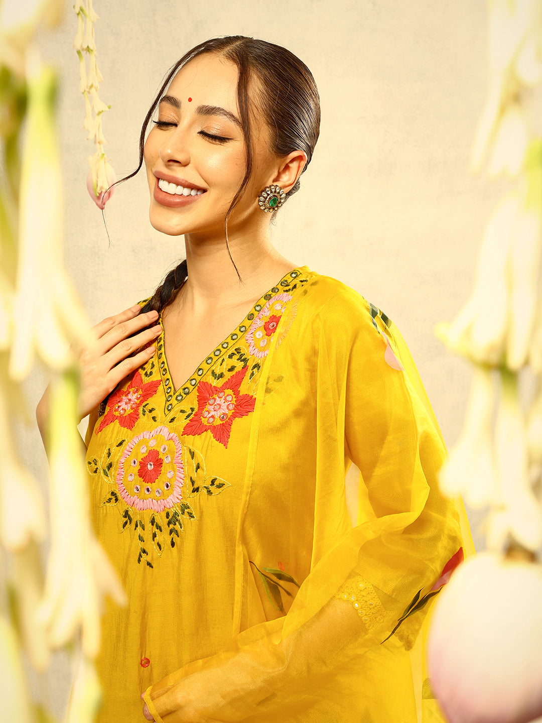 Mustard Mirror & Thread Embroidered  Festive Kurta with Trouser & Hand Painted Dupatta