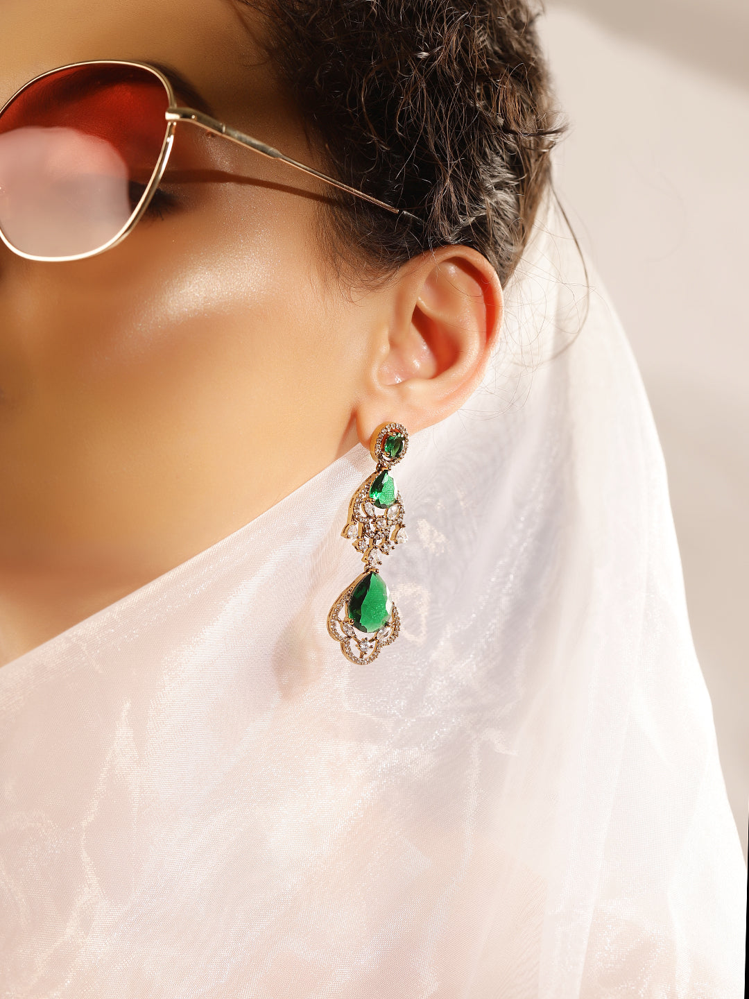 Green Colour Gold Plated AD Drop Earring