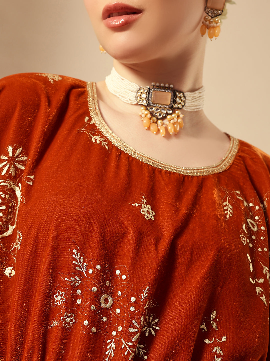 Rich Rust   Gold Print Kaftan Set Co-ords with dupatta
