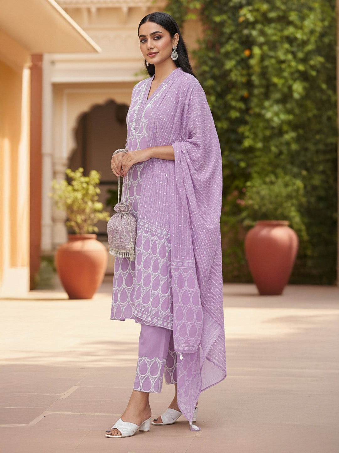 Ishin Women Purple Cotton 3Pcs Kurta Set