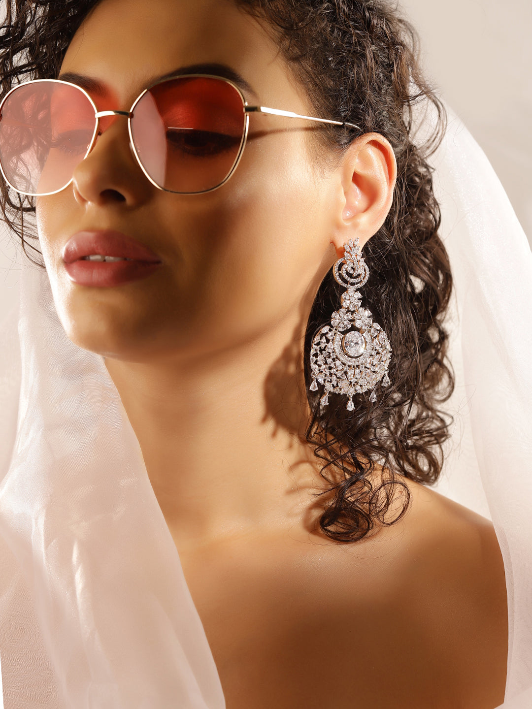 White Colour Silver Plated AD Drop Earring
