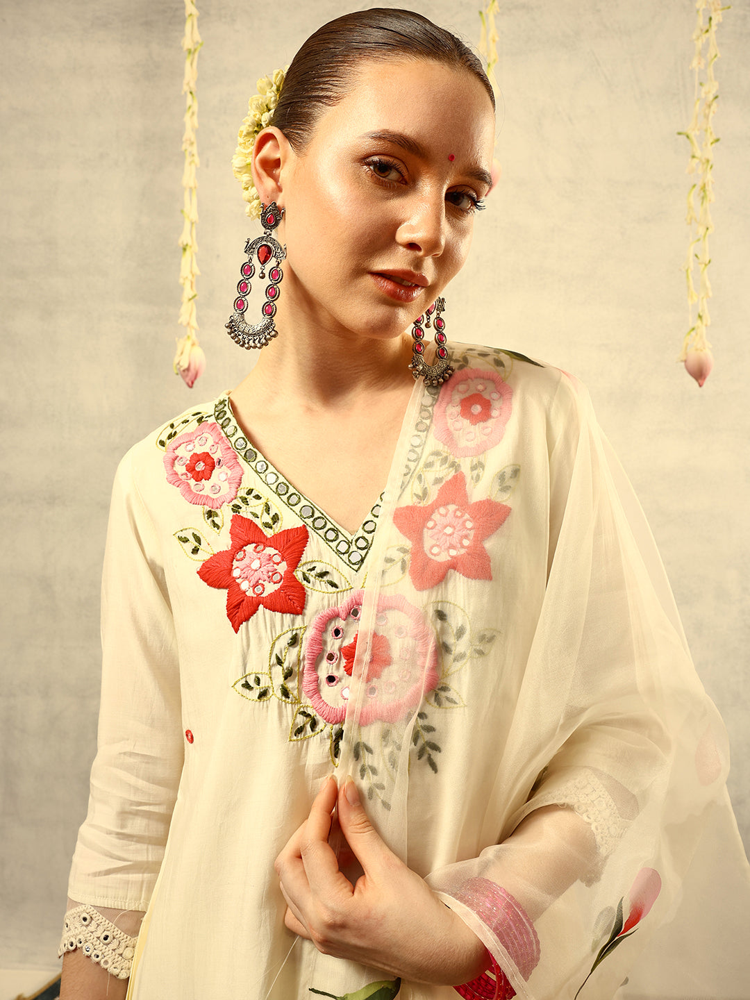 Off White Mirror & Thread Embroidered  Festive Kurta with Trouser & Hand Painted Dupatta