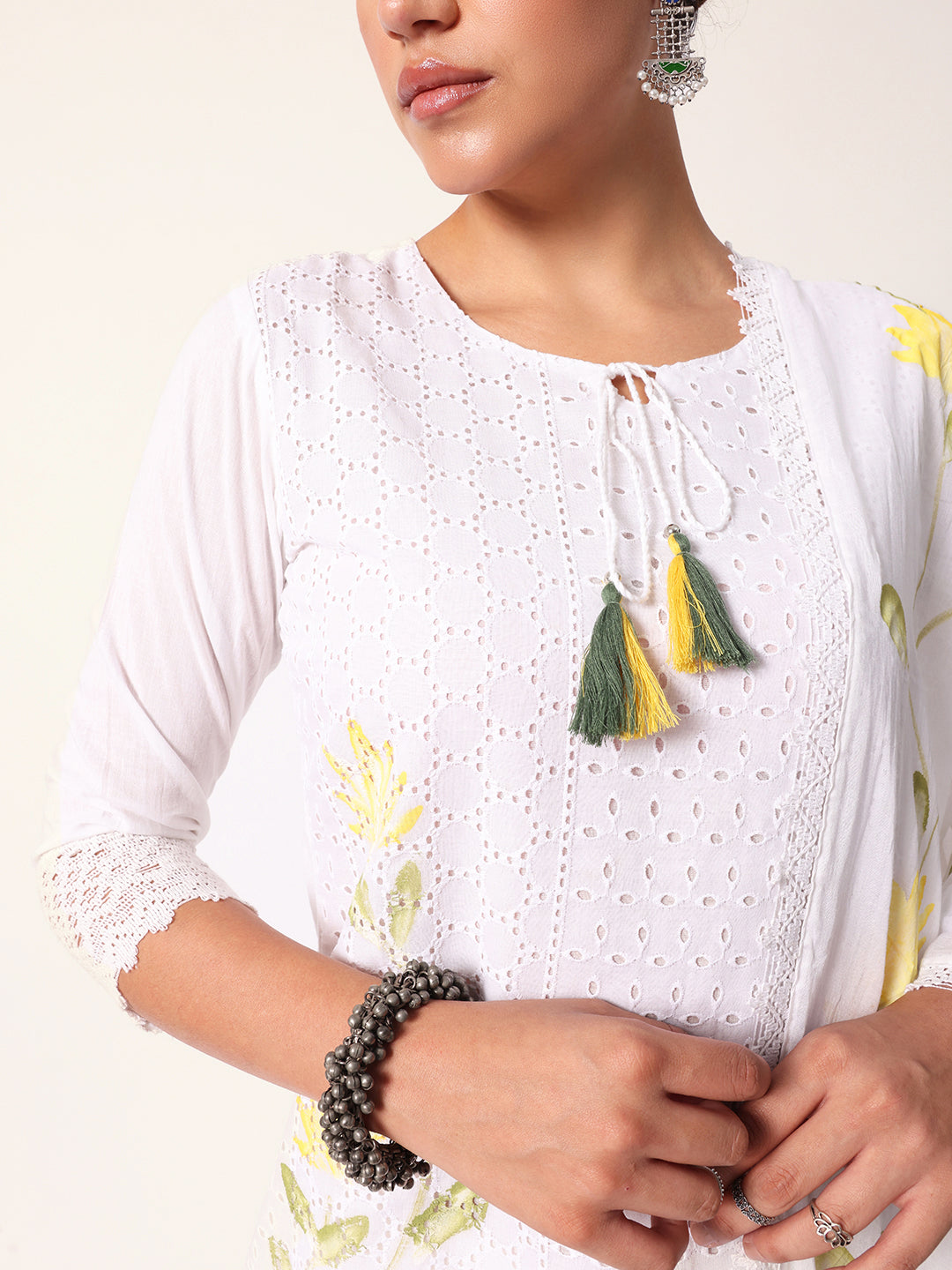 Graceful White cotton shiffly hand painted straight fit kurta set with dupatta