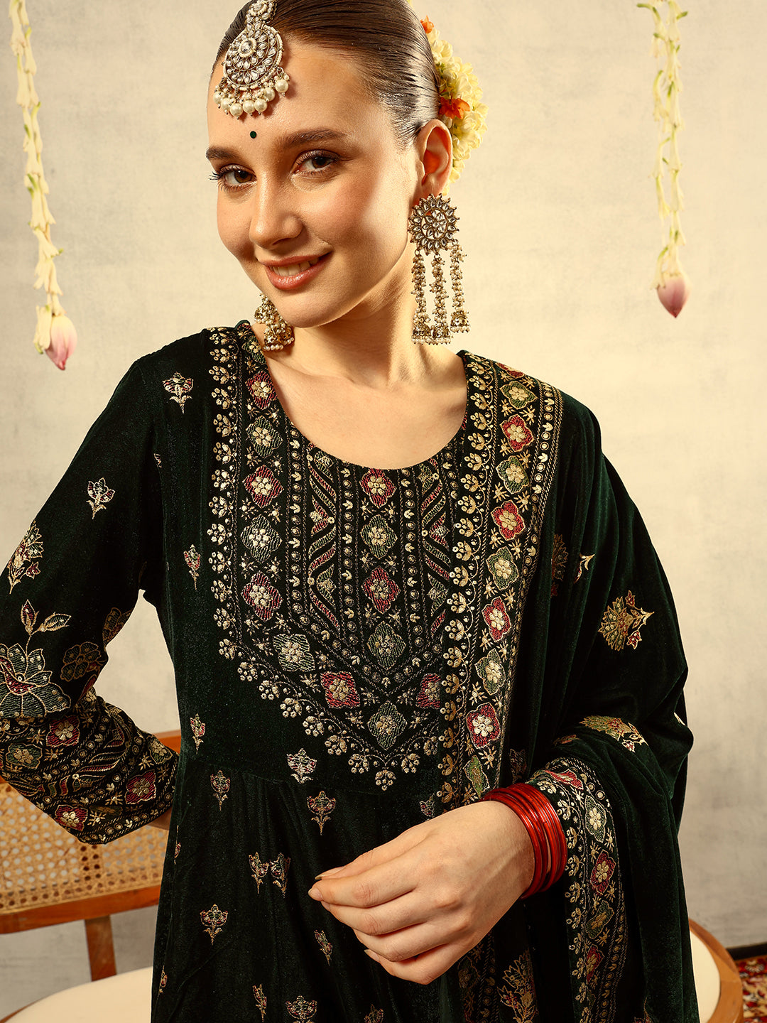 Ishin Green Gold Printed Anarkali Festive Kurta with Trouser & Velvet Dupatta